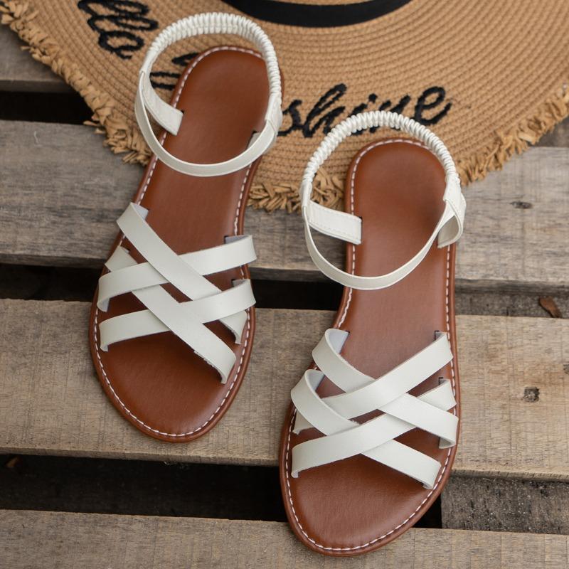 Ladies Summer 2024 Fashion Open Toe Simple Solid Color Women's Shoes Casual Flat Narrow Strap Leather Sandals for Women