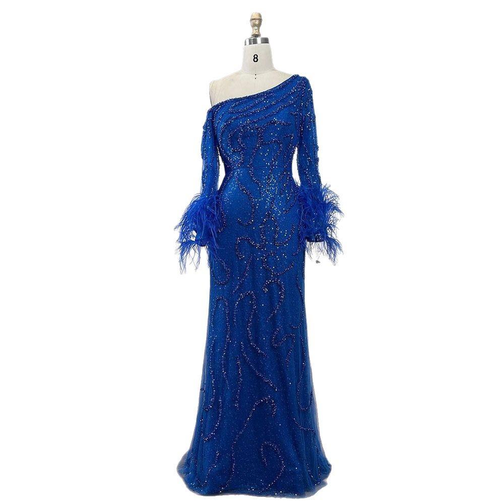 Blue elegant feather one-shoulder long-sleeved fishtail long dress high-end celebrity art test solo dress LA11191