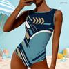 Women Plus Size High Round Neck Sleeveless Navy Blue Geometric Printed One Piece Swimsuit