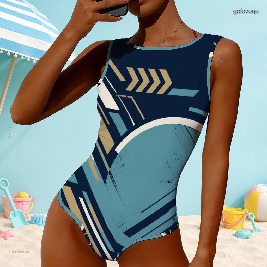 Women Plus Size High Round Neck Sleeveless Navy Blue Geometric Printed One Piece Swimsuit