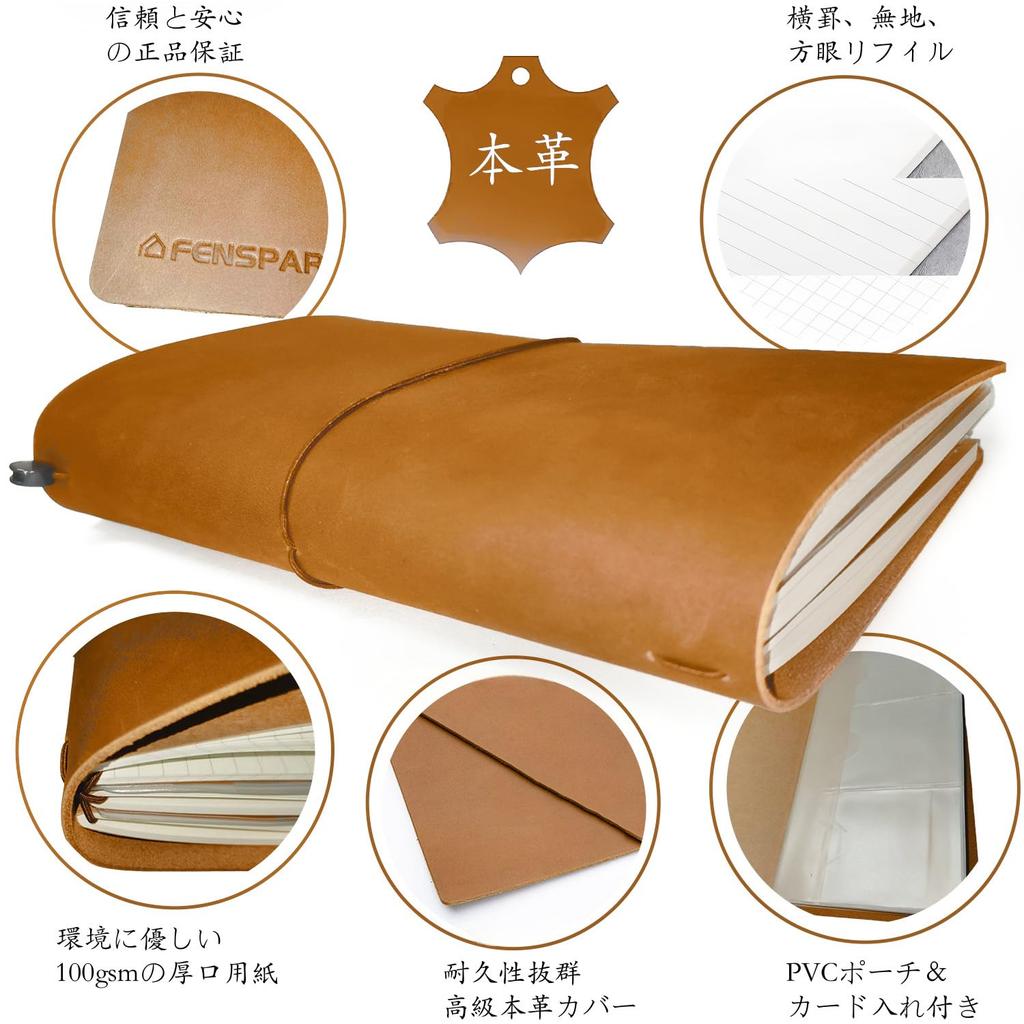 FENSPARK Travel Notebook, Regular Size, with Charm, 3 Refills, PVC Bag, Collage Material, and Stickers. A system notebook made of genuine leather with