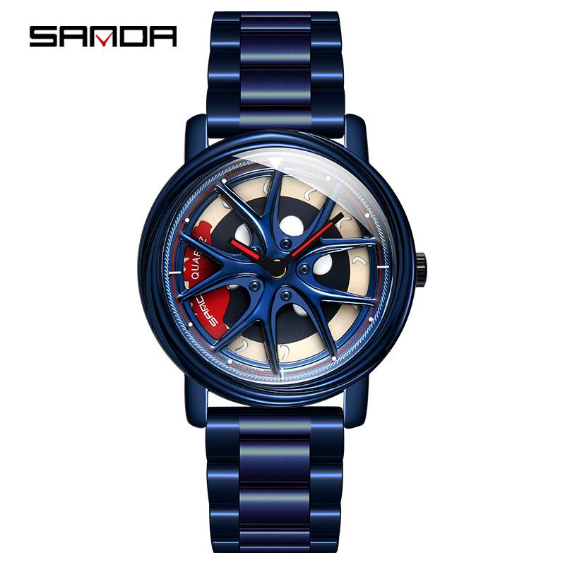 Sanda Men's Creative Wheel Quartz Watch - Trendy Rotating Waterproof Wristwatch