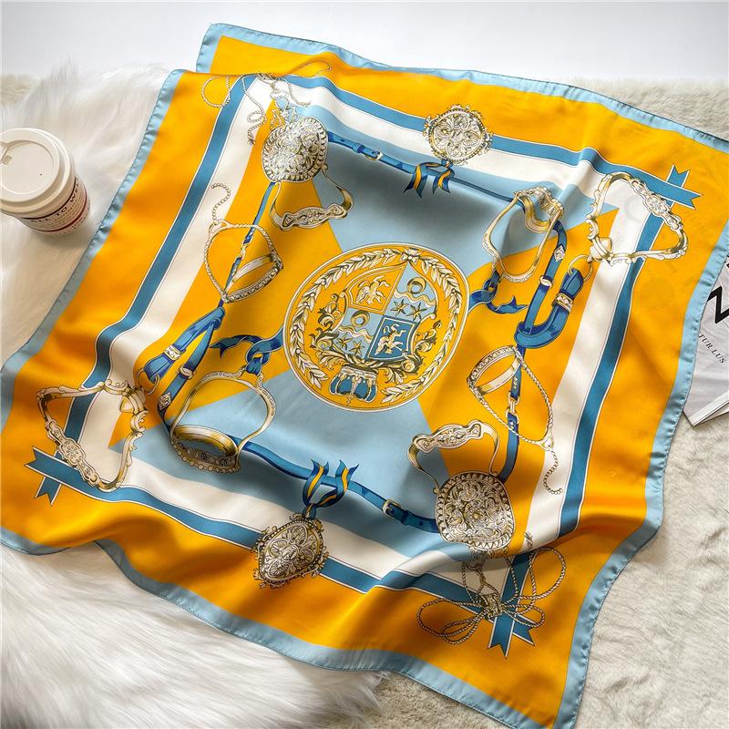 

Elegant Women s Satin Square Scarf With Orange-Blue Altar Print Imitation Silk Scarf Breathable Windproof Fashion Accessory 70x70cm