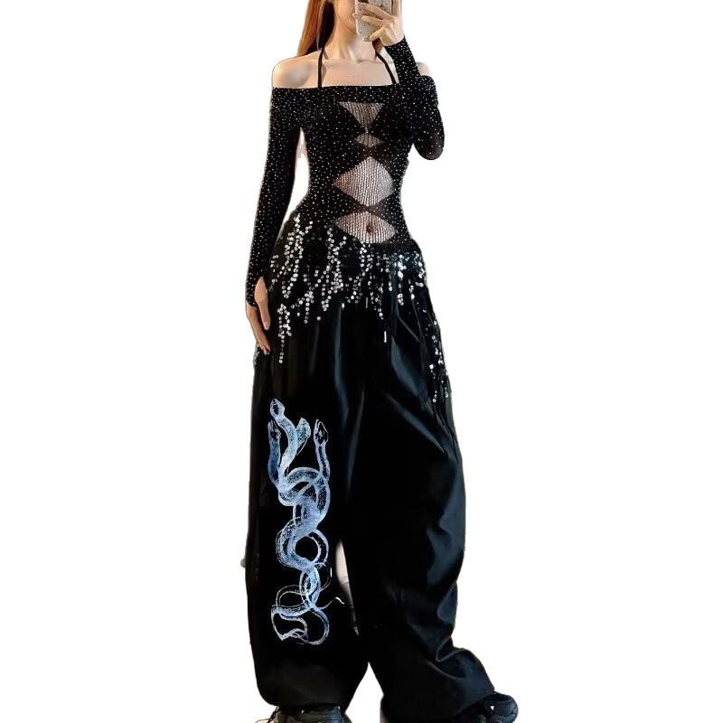 Amerikanische Freizeit-Jogginghose mit Jazz-Print und Strasssteinen: Hip-Hop-Tanzhose mit weitem Bein