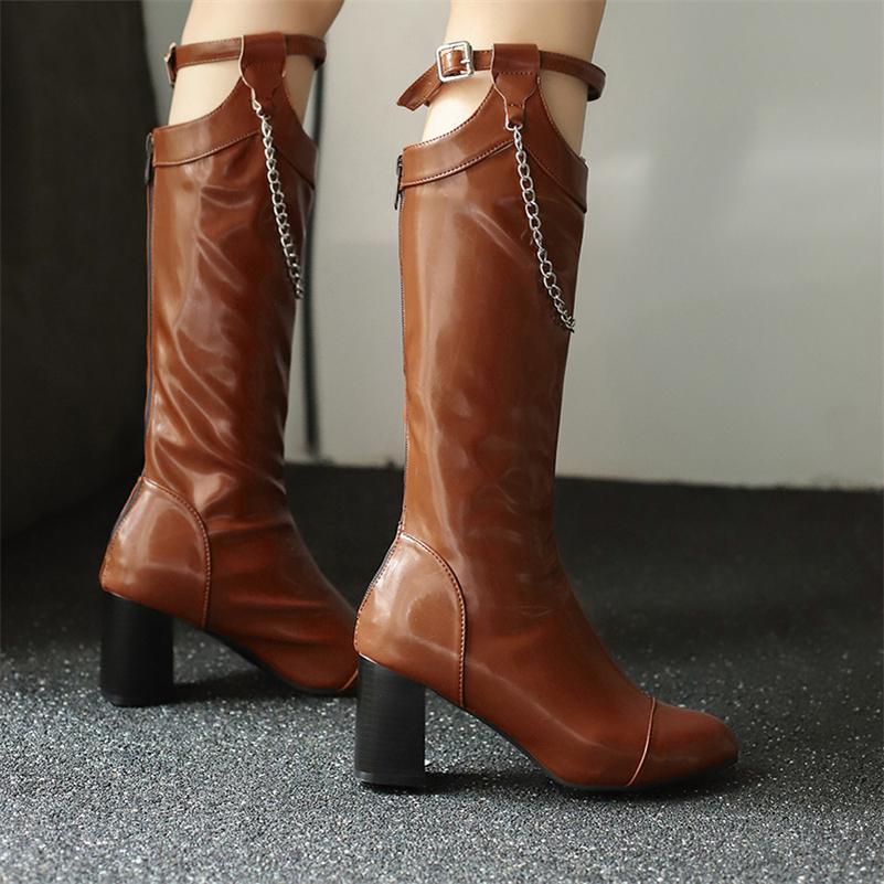 FOREADA Women Knee High Boots Round Toe Chunky High Heels Chain Buckle Zipper Long Boots Ladies Fashion Shoes Autumn Winter 46