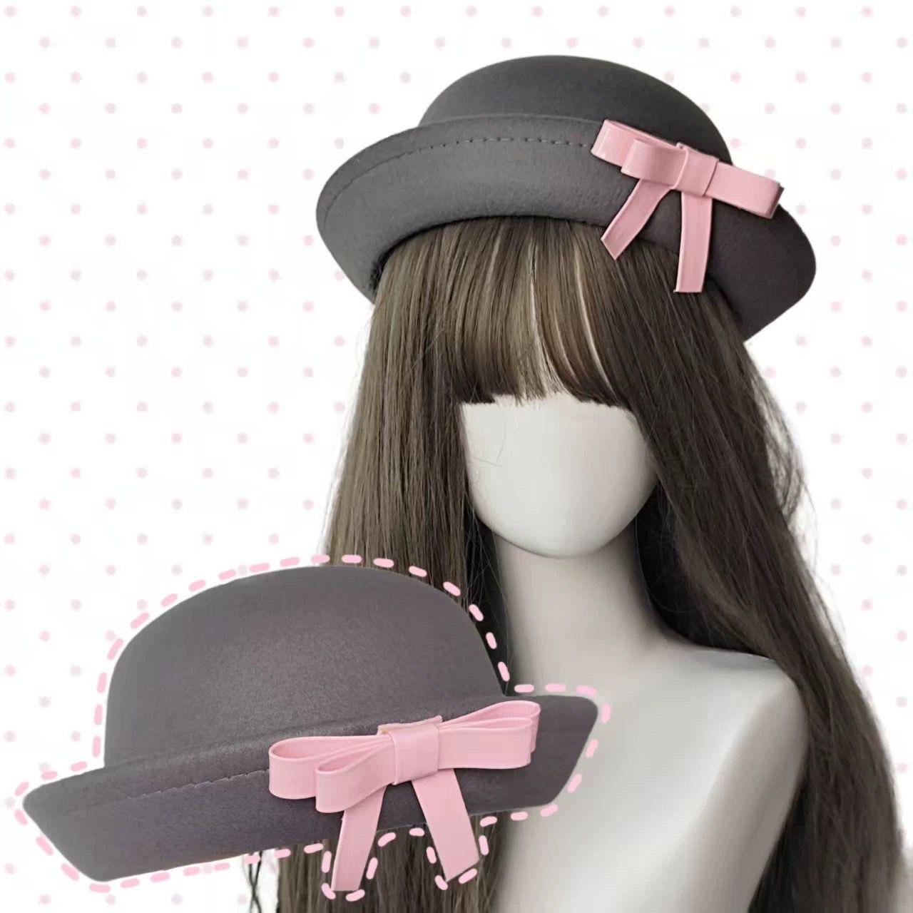 

Japan JK school supply feeling handmade jk uniform woolen round hat college wind leather pink bow kindergarten hat 57cm сірий колір