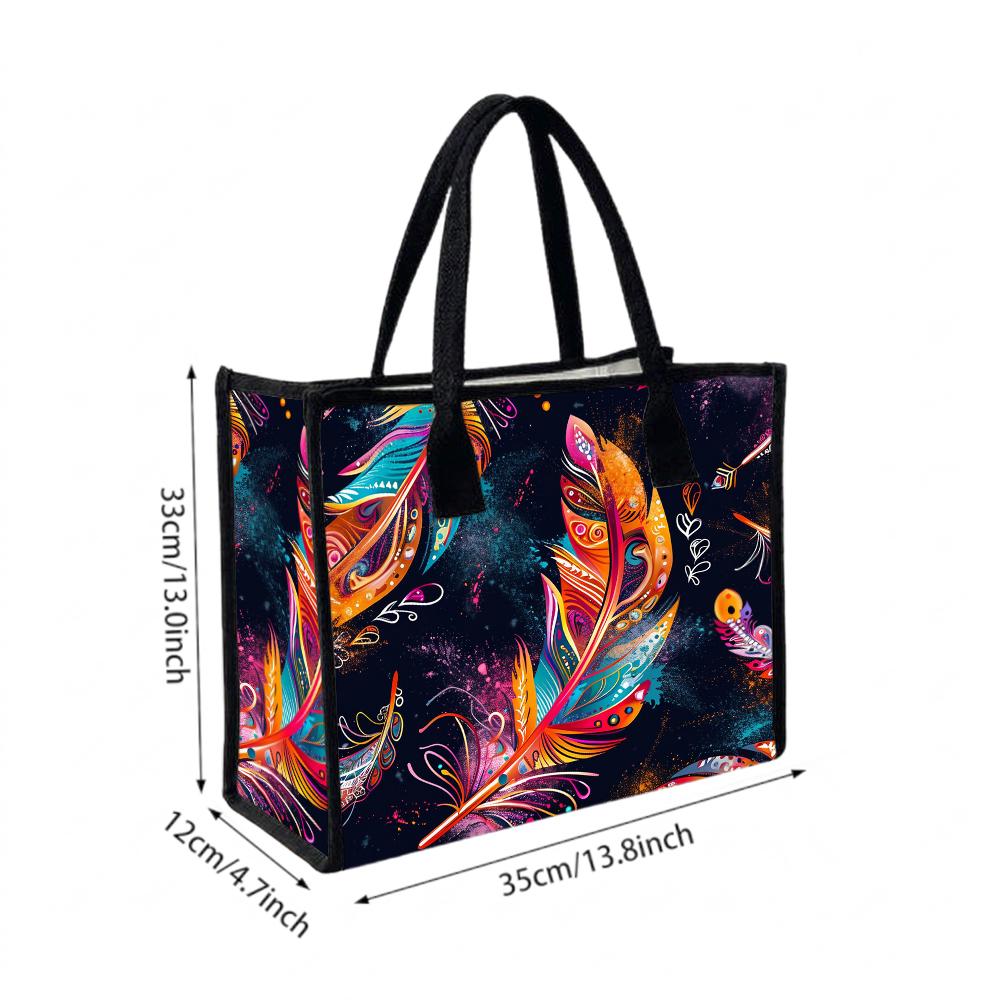 Bohemian Colorful Feather Printed Large Tote Bag for Women Portable Daily Casual Shopping Shoulder Handbag