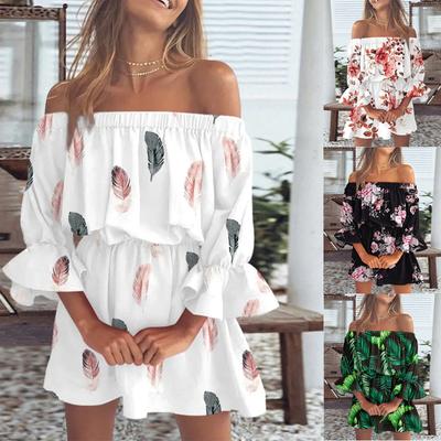 Kobiety kwiatowy Print Mini sukienki letnia seksowna Off Shoulder Flare Sleeve tunika sukienka damska Casual Boho Beach Dress