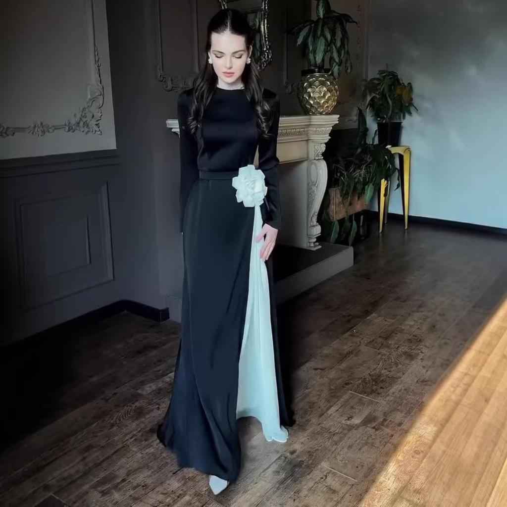 European Autumn Color Block Long Sleeve Pleated Slim Fit Dress with Waist Tie