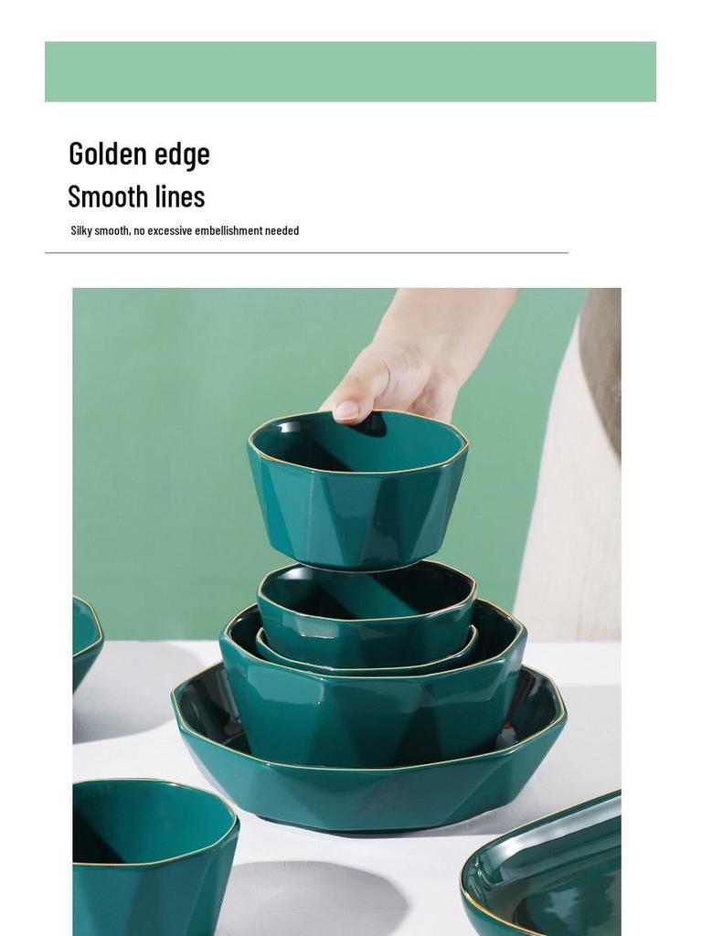 Luxury Peacock Green Tableware Set: Gold-Rimmed Bowl & Plate