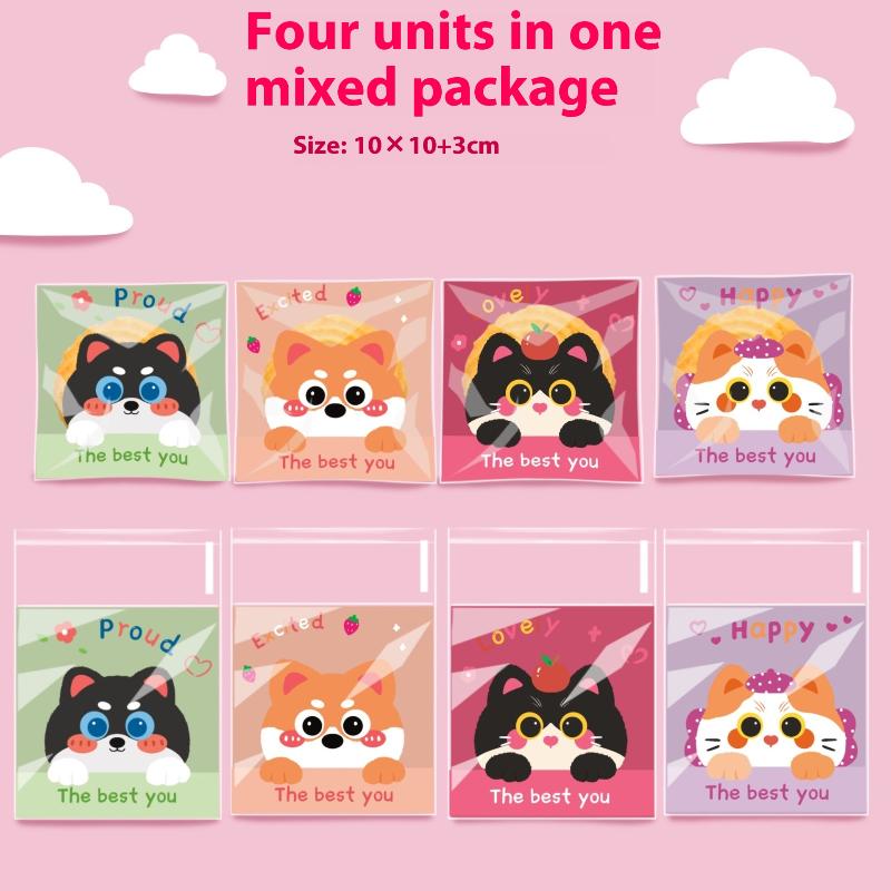 

100 Pcs Cute Little Dog Cat Cartoon Pattern Self Sealing Packaging Bag Portable Cookie Snowflake Crispy Self Sealing Bag L