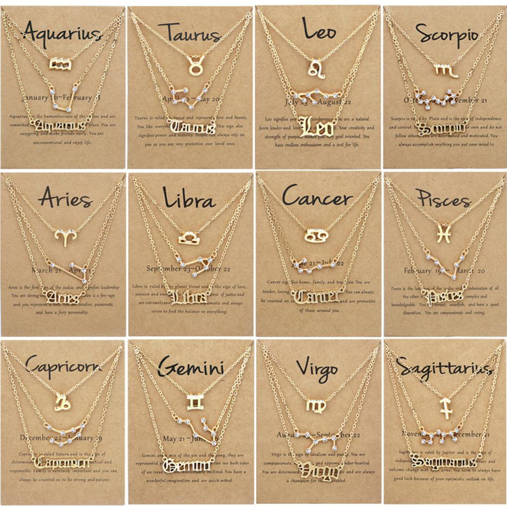 3Pcs 12 Constellation Pendant Necklace Exquisite Letter Horoscope Sign Jewelry