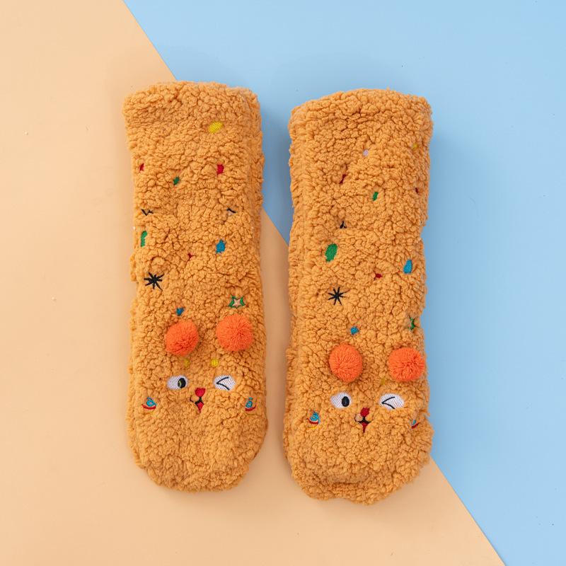 Lamb wool floor socks children's cartoon embroidery foot warm home sleep socks autumn and winter fleece thickened warm confinement socks