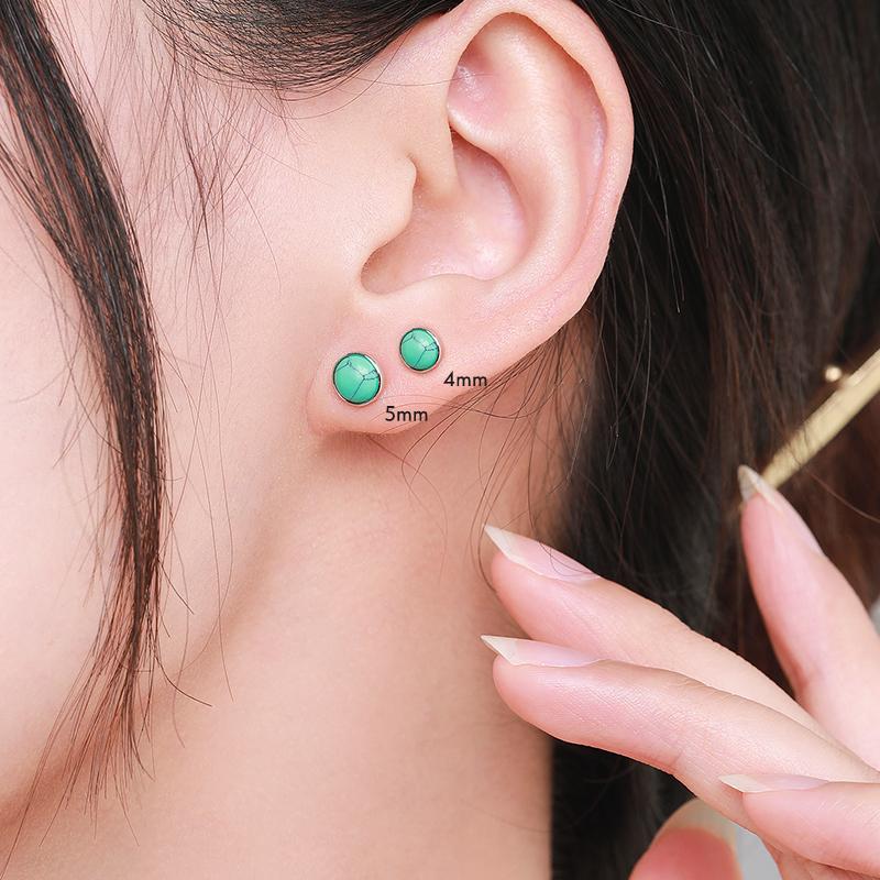 Real 925 Sterling Silver Green Round Turquoise 4MM 5MM 6MM Stud Earrings Vintage Elegant Female Jewelry For Women Gifts