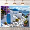 Santorini Greece Tapestry Backdrop, Mediterranean Coastal Background for Photoshoot