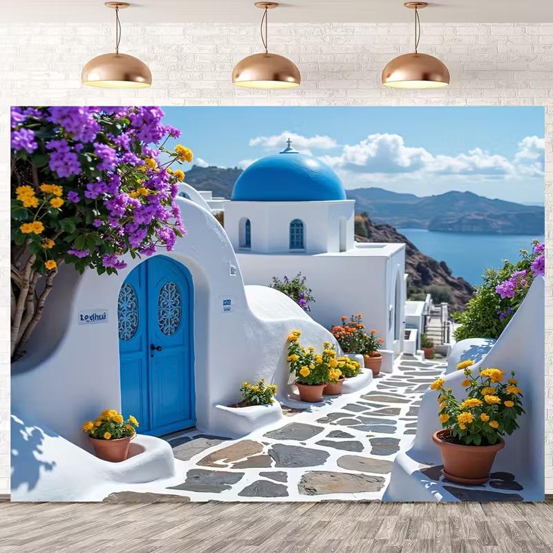 Santorini Greece Tapestry Backdrop, Mediterranean Coastal Background for Photoshoot