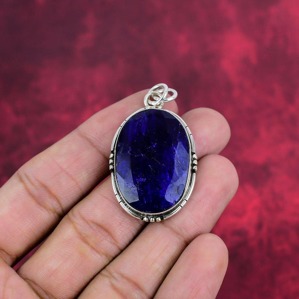 Blue Sapphire Pendant, Handmade Gemstone Pendant, 925 Solid Sterling Silver Pendant Antique Jewelry, For Engagement Gift