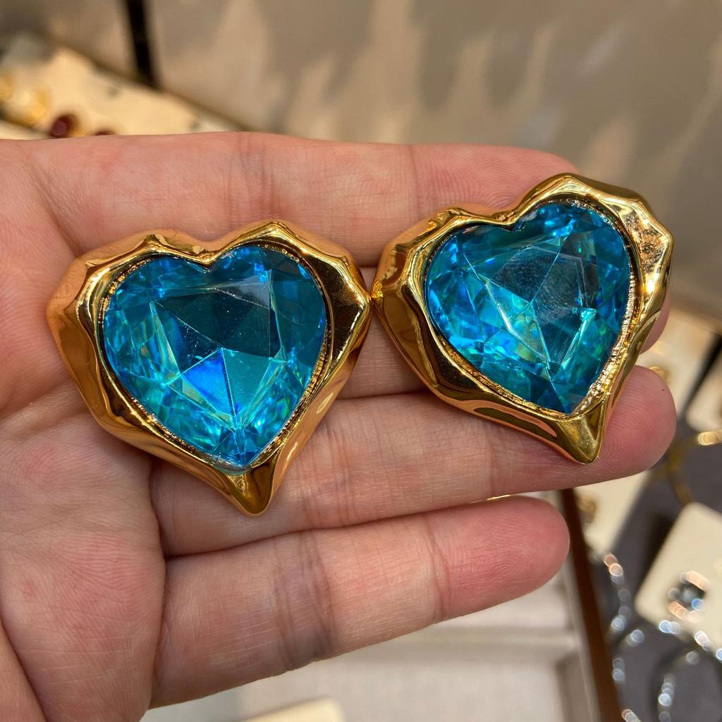 Medieval Western Pink Yellow And Blue Love Gem Diamond Stud Earrings Copper Plated Real Gold Retro Court Earrings Women