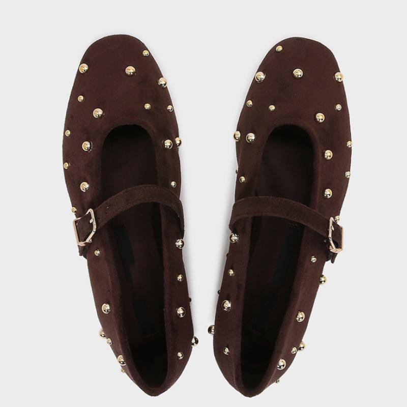 Round Toe Rivets Women Mary Jane Shoes Brown Faux Suede Metal Belt Non-slip Soft Sole Retron Design  Spring Ladies Flats