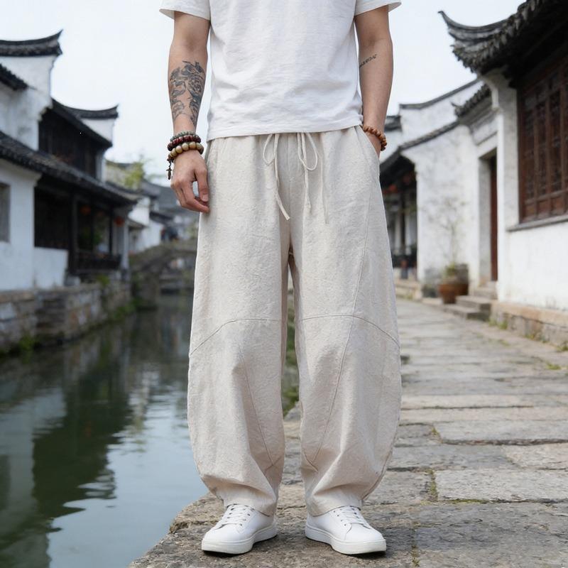 Cotton and Linen Bloomers Men s New Summer Large Size Loose Wide-leg Pants Retro Zen Casual Linen Trousers M белый