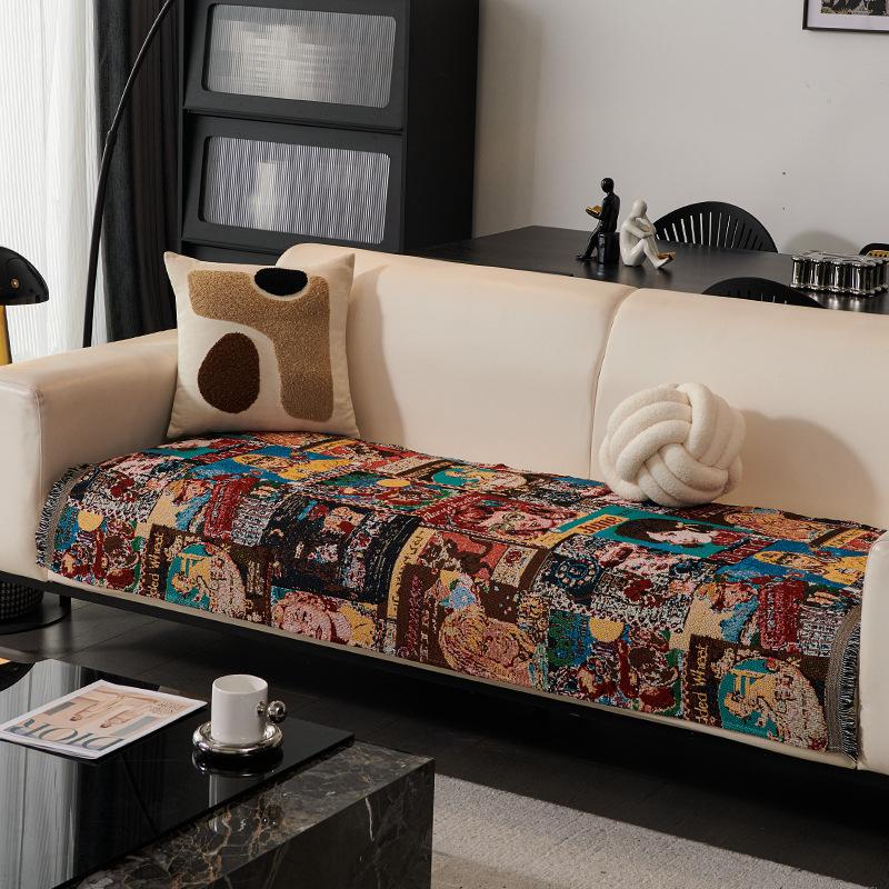 Cartoon Sofa Cushion Seat Cushion Retro Alley Colored Sofa Towel One Piece Sofa Cover Autumn And Winter Non-Slip Sofa Cover
