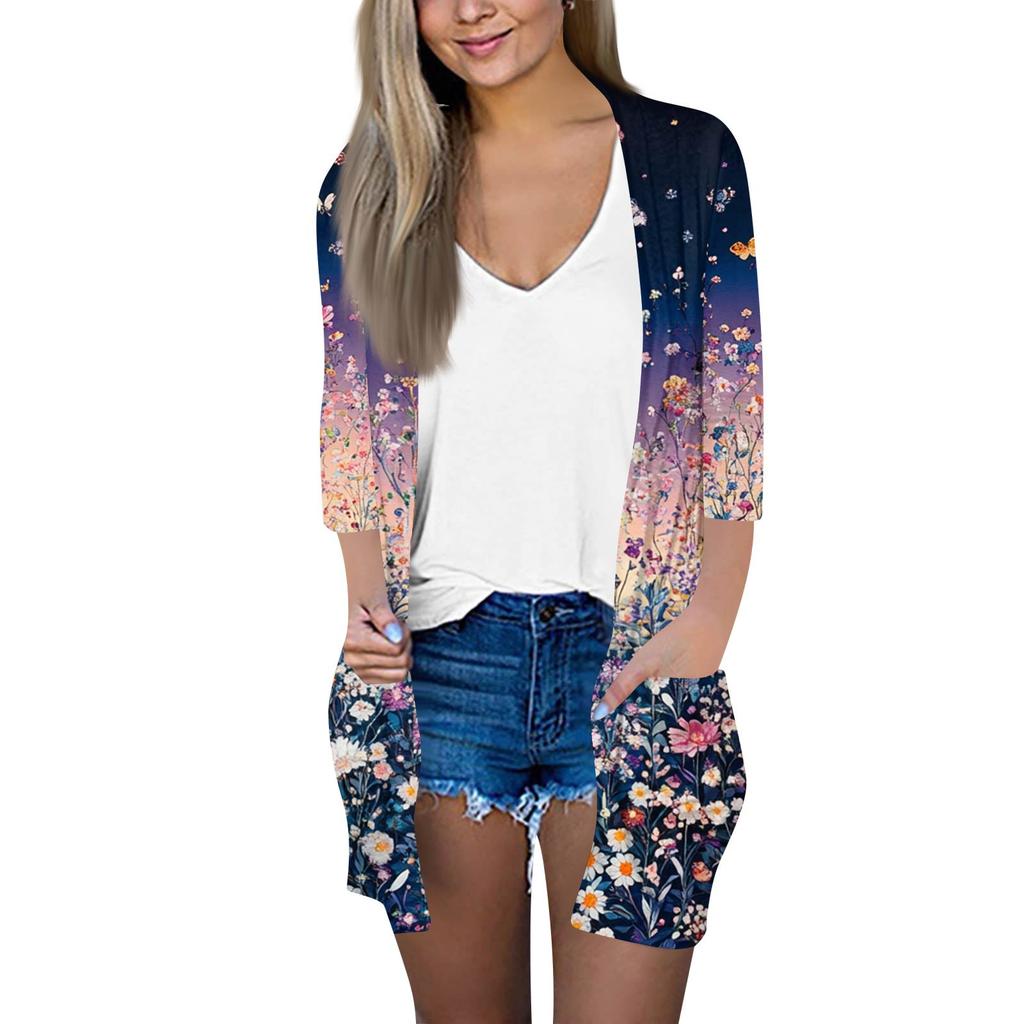 Women's Fashion Loose Casual Pocket Printed Cardigan Seven Sleeve Jacket Top