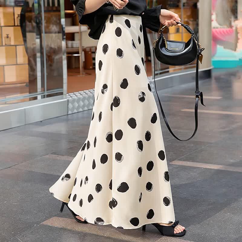 Women's High-Waist Polka Dot Slit Long Skirt