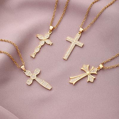 Simple Cross Pendant Necklace Tide Ins Wind Men and Women Copper -plated Real Gold Inlaid Vermiculite Trendy Jewelry