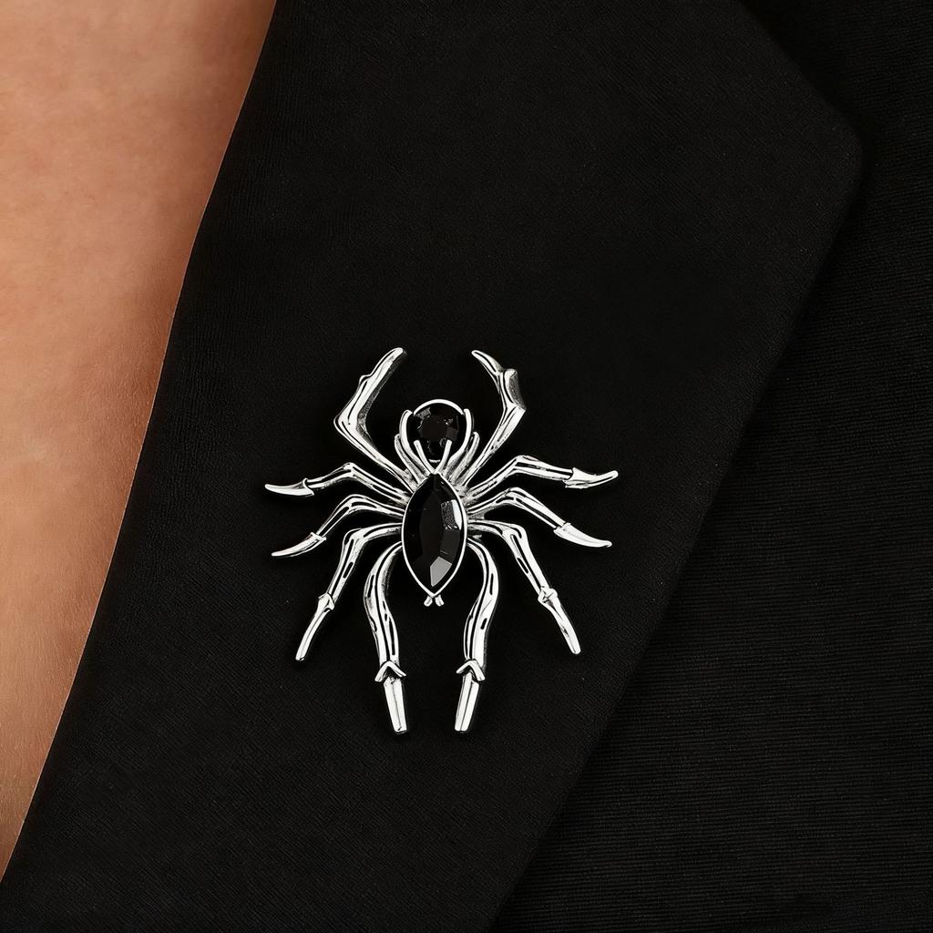 Vintage Black Inlaid Spider Shape Brooch Personality Suit Lapel Pin Fashion Animal Decorative Accessory for Men Women Halloween Daily Outfits