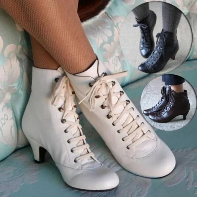 Fashion New Fashion Women Low Kitten Heel Ankle Boots Victorian Round Toe PU Leather Shoes Steampunk Lace Up Retro Jeans Boots