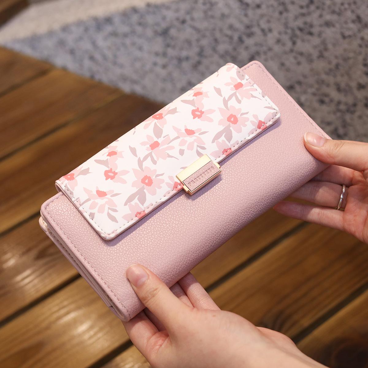 

Длинный кошелек с цветочной пряжкой на молнии и несколькими отделениями для карт, женская сумка большой емкости розовый