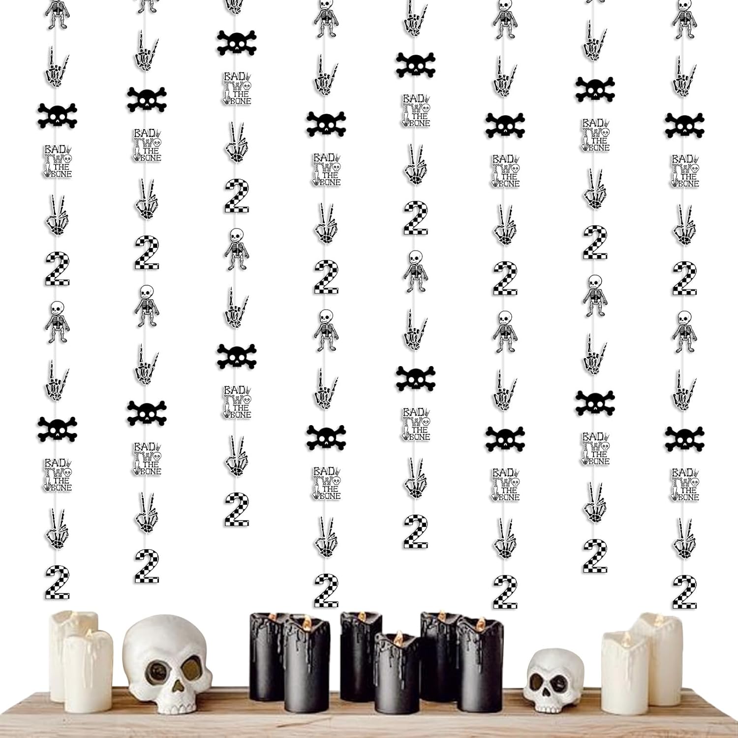 Jollyboom Bad Two The Bone Birthday Decorations Boy, 8pcs Bad 2 The Bone 2nd Birthday Hanging Garland Streamers Bone Skull Second Birthday Streamers