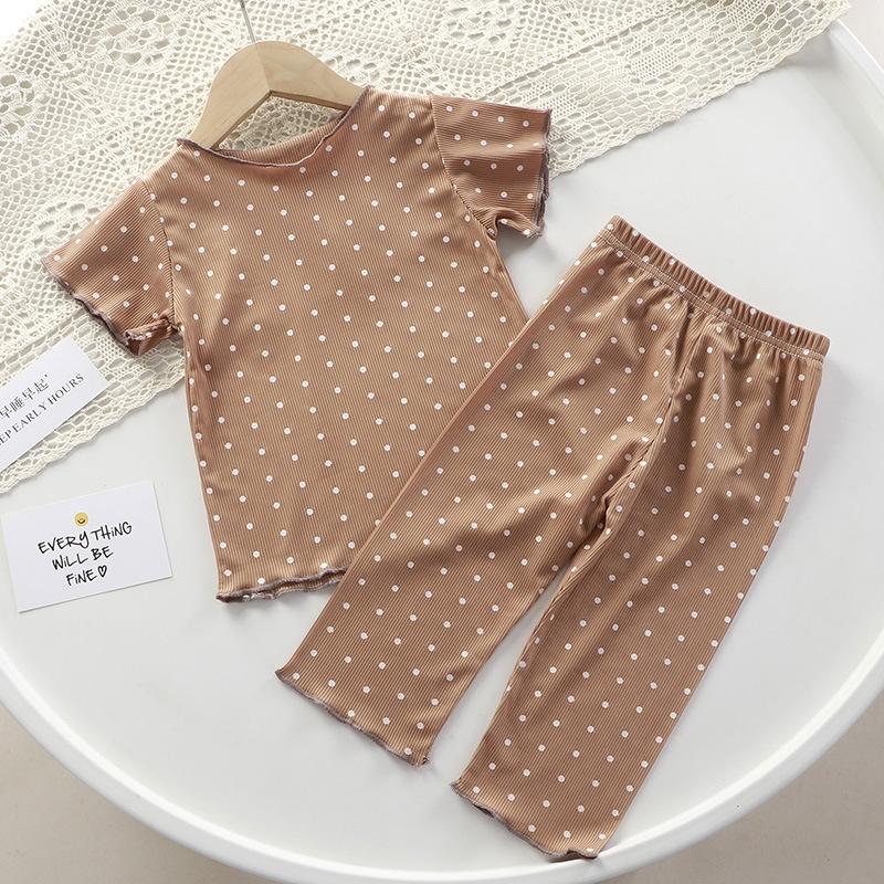 2Pcs/Set Korean Version of Summer Girls Short Sleeved Top Suit Comfortable Air Conditioning Suit Baby Girl Ice Silk Polka Dot Home Clothes