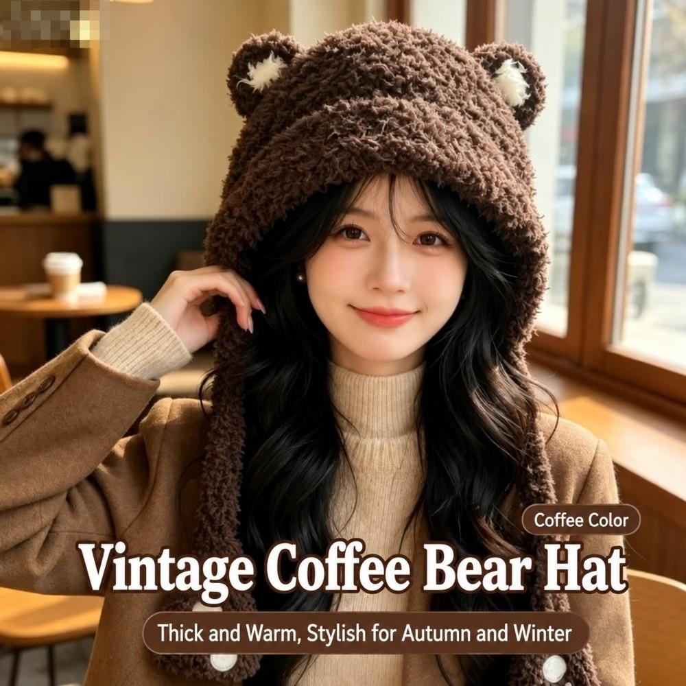 Polyester Thick Bear Ear Hat Korean Style Winter Warm Hat Cute Ear Flap Hat  For Women