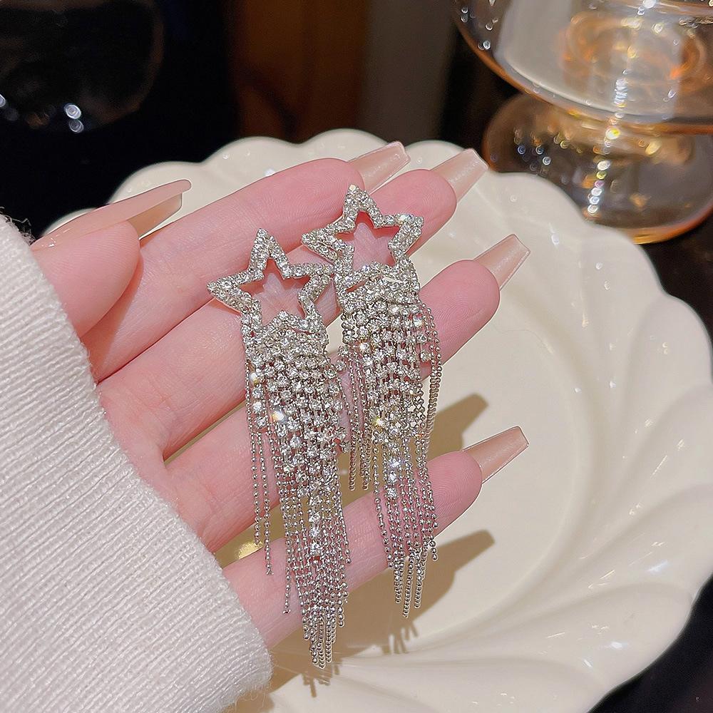 Sterling Silver Star Tassel Earrings - Elegant Studs with High-End Luxury Feel, Full Diamond Design, New Style, Celebrity-Inspired Accessories.