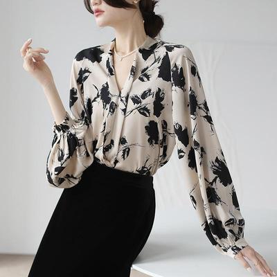 French Retro Ink Printed Satin Shirt Women Spring Autumn New Niche V-neck Long Sleeve Pullover Puff Sleeves Top M-3XL