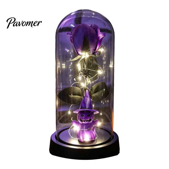 Spider Theme Party Props Halloween Indoor Light Up Rose In Plastic Dome Cloche, Artificial Preserved Decorative Glass Cloche Display Night with