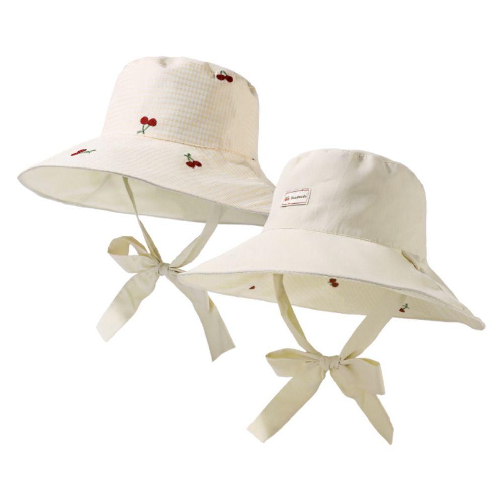 Lace Summer Sun Hat Double Sided Wearable Embroidered Cherry Bucket Hat Outdoor