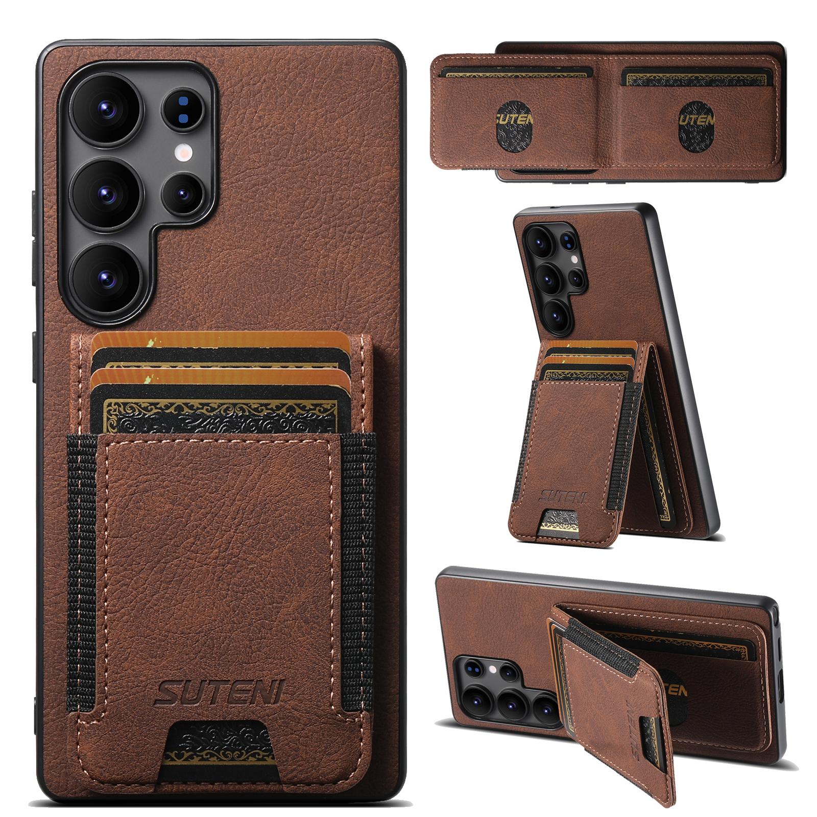 

SUTENI H03 For Samsung Galaxy S25 Ultra Case Card Holder Kickstand Litchi Texture Leather+TPU Phone Cover Brown