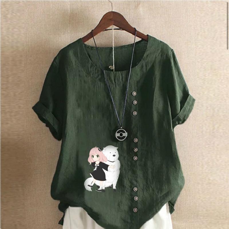 Damenmode Cartoon-Figuren Bedrucktes Kurzarm-T-Shirt Lockeres Baumwollhemd Lässige Lockere Sommerbluse Tops Übergröße