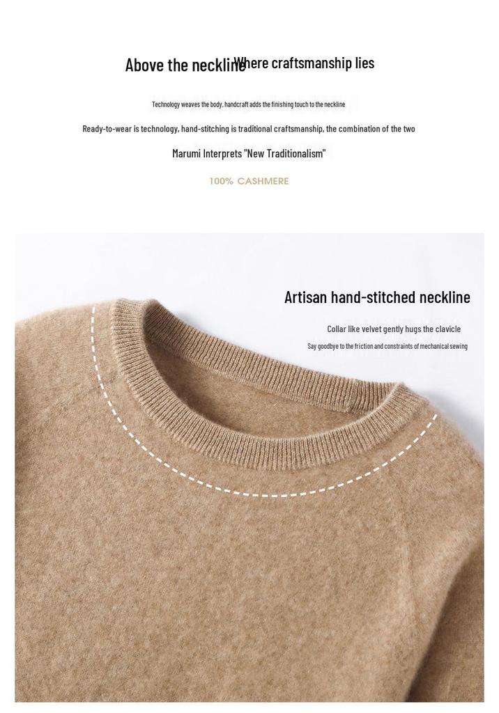 Women's 100% Pure Cashmere Round Neck Seamless Knit Sweater with Raglan Sleeves