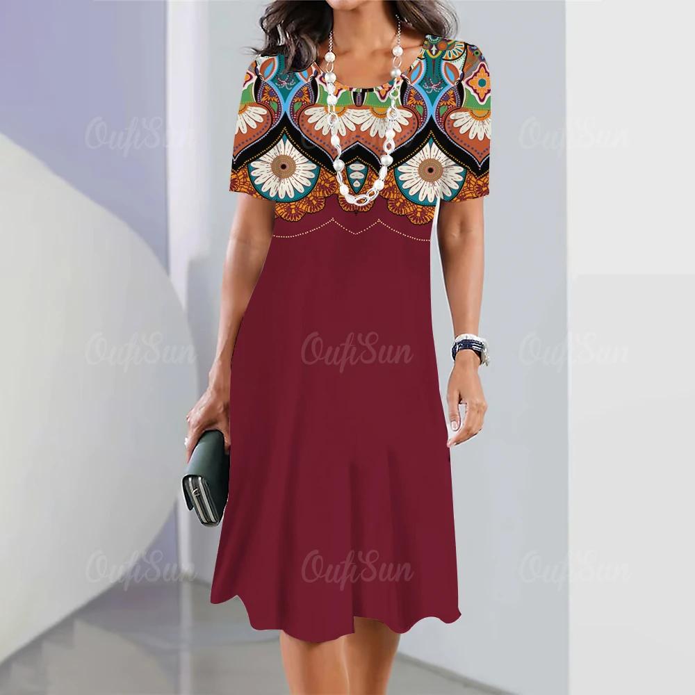 Women's Retro 3D Short-sleeved Pullover Summer Round Neck Dress Simple and Elegant Loose Skirt