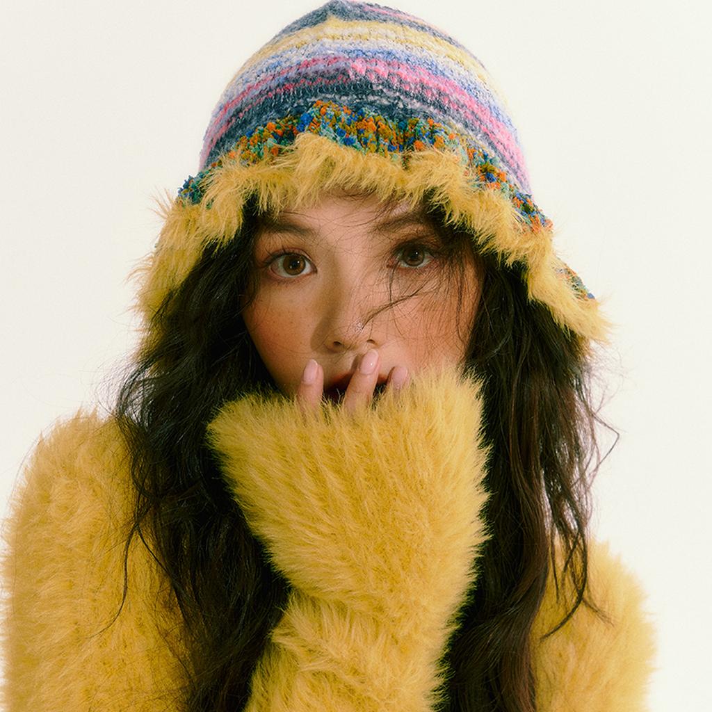Handmade Knit Striped Bucket Hat for Woman Weaving Striped Plush Floppy Bucket Hat Adult Teens Winter Fisherman Cap