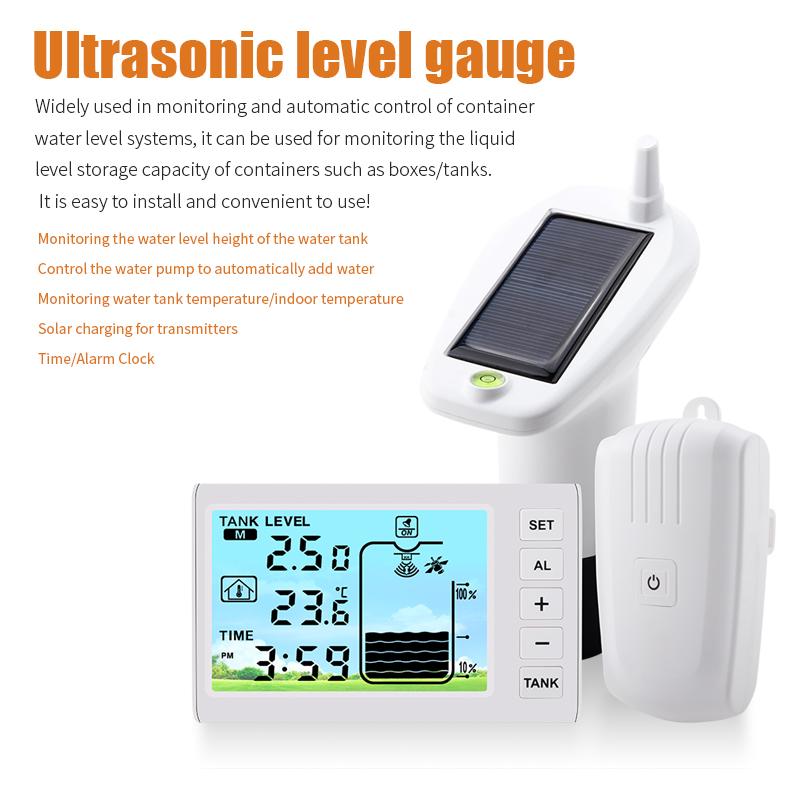 Wireless Digital Ultrasonic Level Gauge Water Liquid Tank Depth Temperature Monitor Solar Powered Container Control Alarm Clock