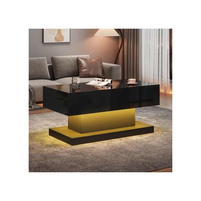 Table Basse LED Haute Brillance Table Basse 100x50x45 Cm, Avec Éclairage LED - Plateau Semi-soulevable