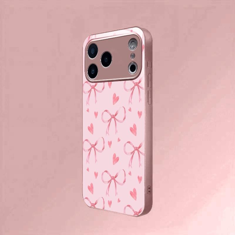 Fashion Pink Heart Bow Pattern Pink Metallic Glass Phone Case For iPhone 17 16 15 14 13 12 11 Pro Max 15 14 Plus 17Air 16E Cover