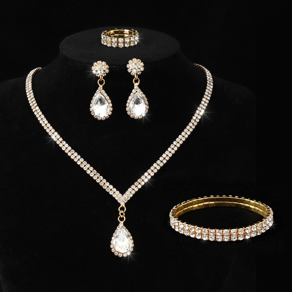 European and American bridal jewelry set simple zirconium water drop pendant rhinestone necklace earrings two wedding dress accessories
