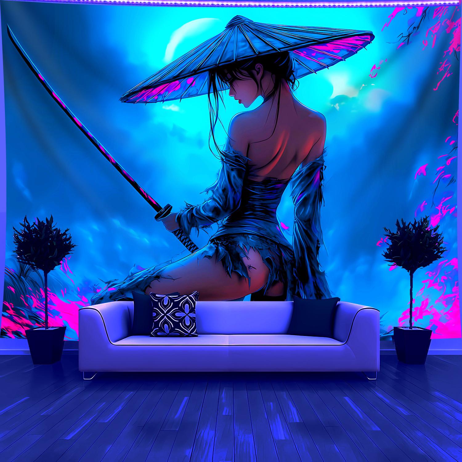 Cyberpunk Samurai Girl Tapestry, Neon Katana Warrior Wall Hanging, Japanese Aesthetic Art, Futuristic Room Decor for Bedroom 100X70CM