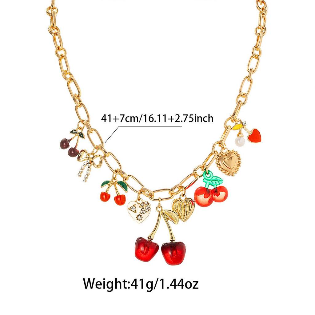 Collana a Catena Paperclip con Ciondolo Cuore e Ciliegia Dolce per Donne