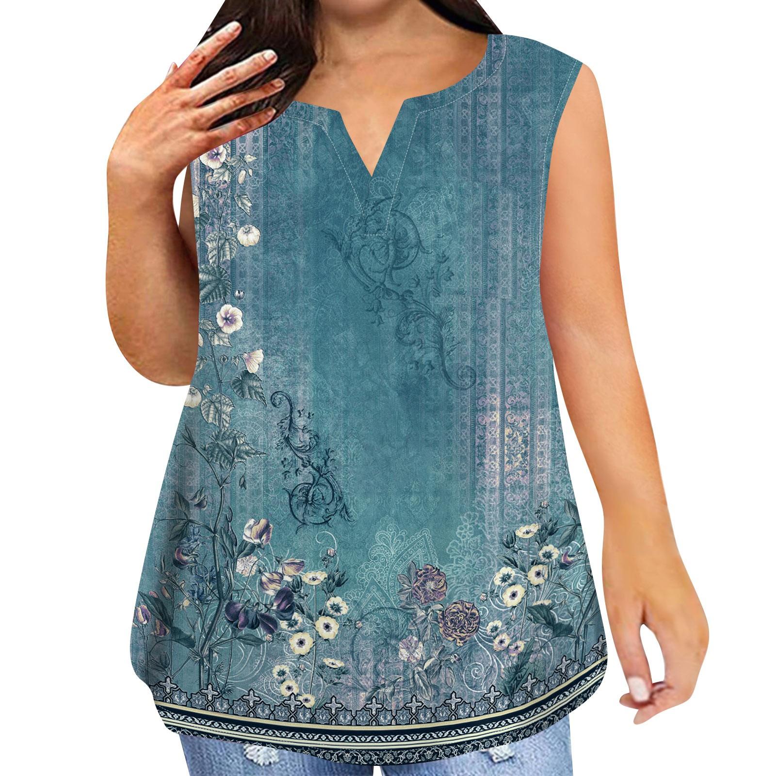 

Модная женская повседневная футболка без рукавов с v-образным вырезом и винтажным принтом больших размеров с карманами XL